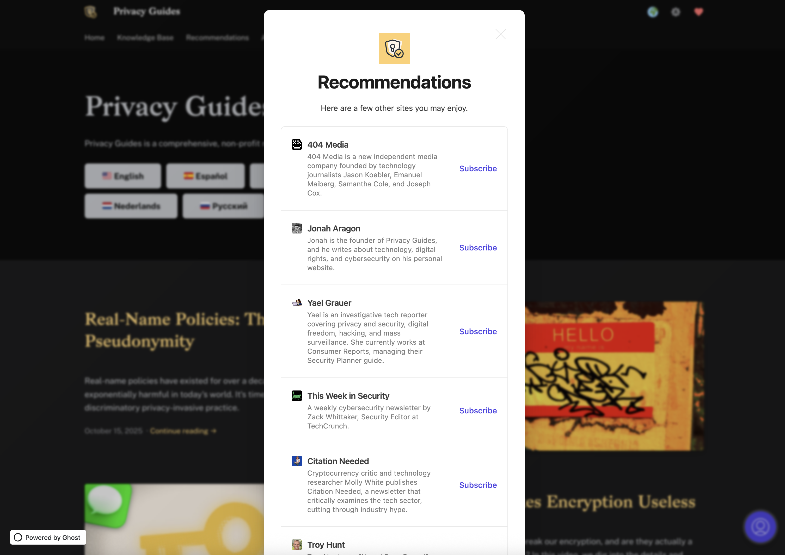 A recommendations box that shows various newsletters recommended by privacy guides