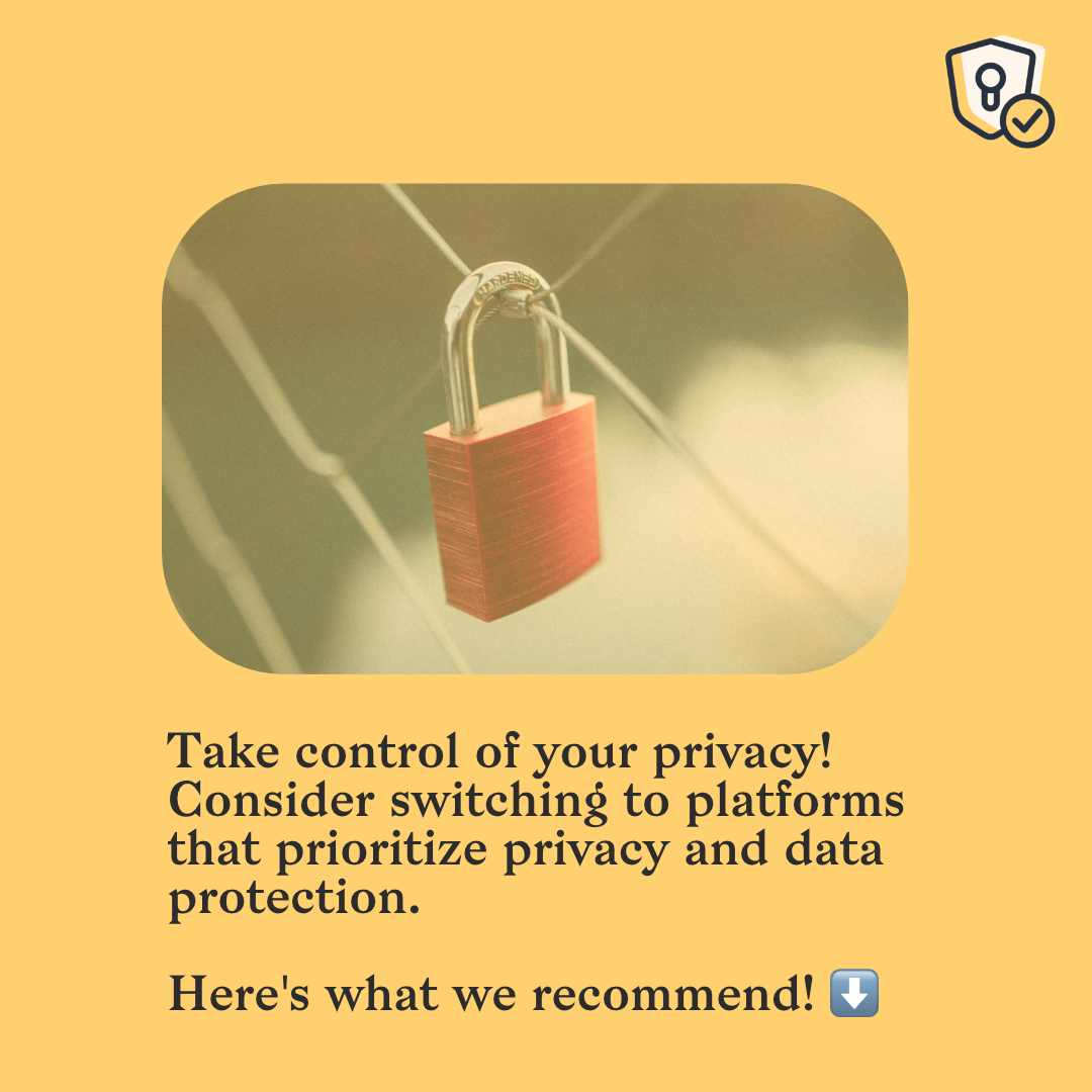 There is a picture of a lock on a barbed wire fence, underneath it reads: “Take control of your privacy! Consider switching to platforms that prioritize privacy and data protection. Here’s what we recommend!”
Then there’s an arrow pointing towards the next post.
